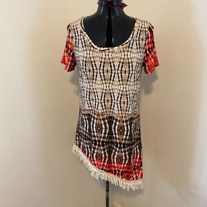 Sunny Leigh High Low Boho Scoop Neck Short Sleeve Womens Tunic Top Size Small